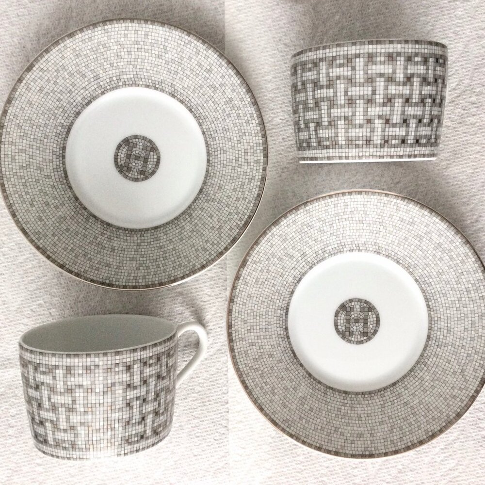 Hermes Mosaique au 24 Platinum Tea Cup and Saucer